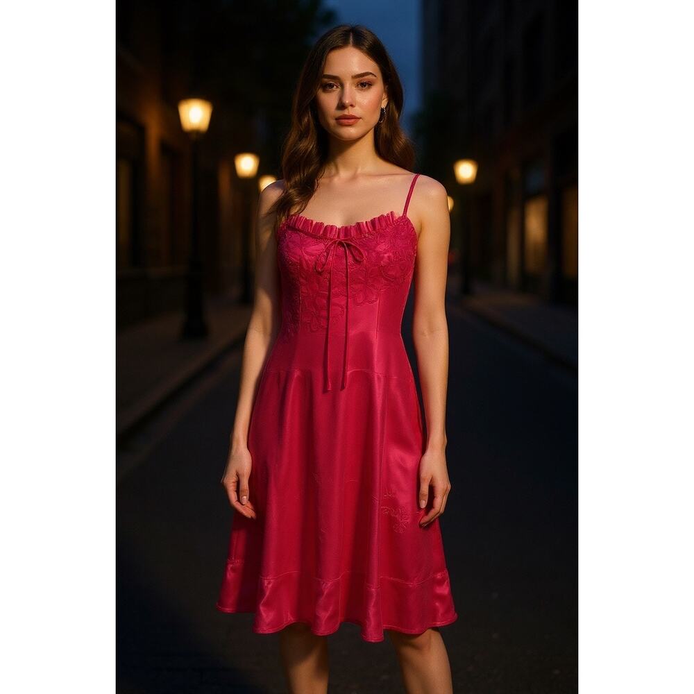 Ivy & Annabelle Intimates Red Mini Slip Dress Y2k Embroidery Lace Trim SZ SM